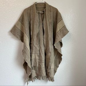 Wool pancho light brown cream stripe button at top